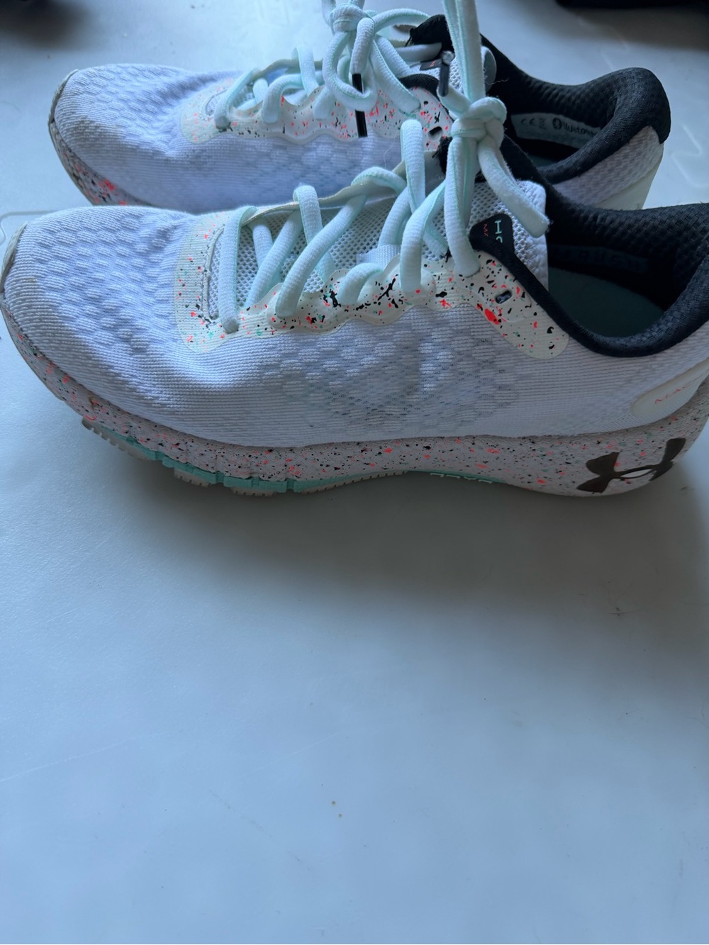Under Armour Kids White Athletic Sneakers with Pink and Teal Speckle
